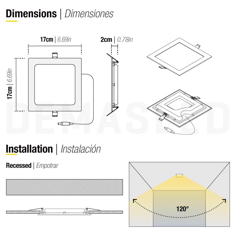 Panel LED cuadrado blanco de 17x17cm 12W 900lm Cálido, empotrar