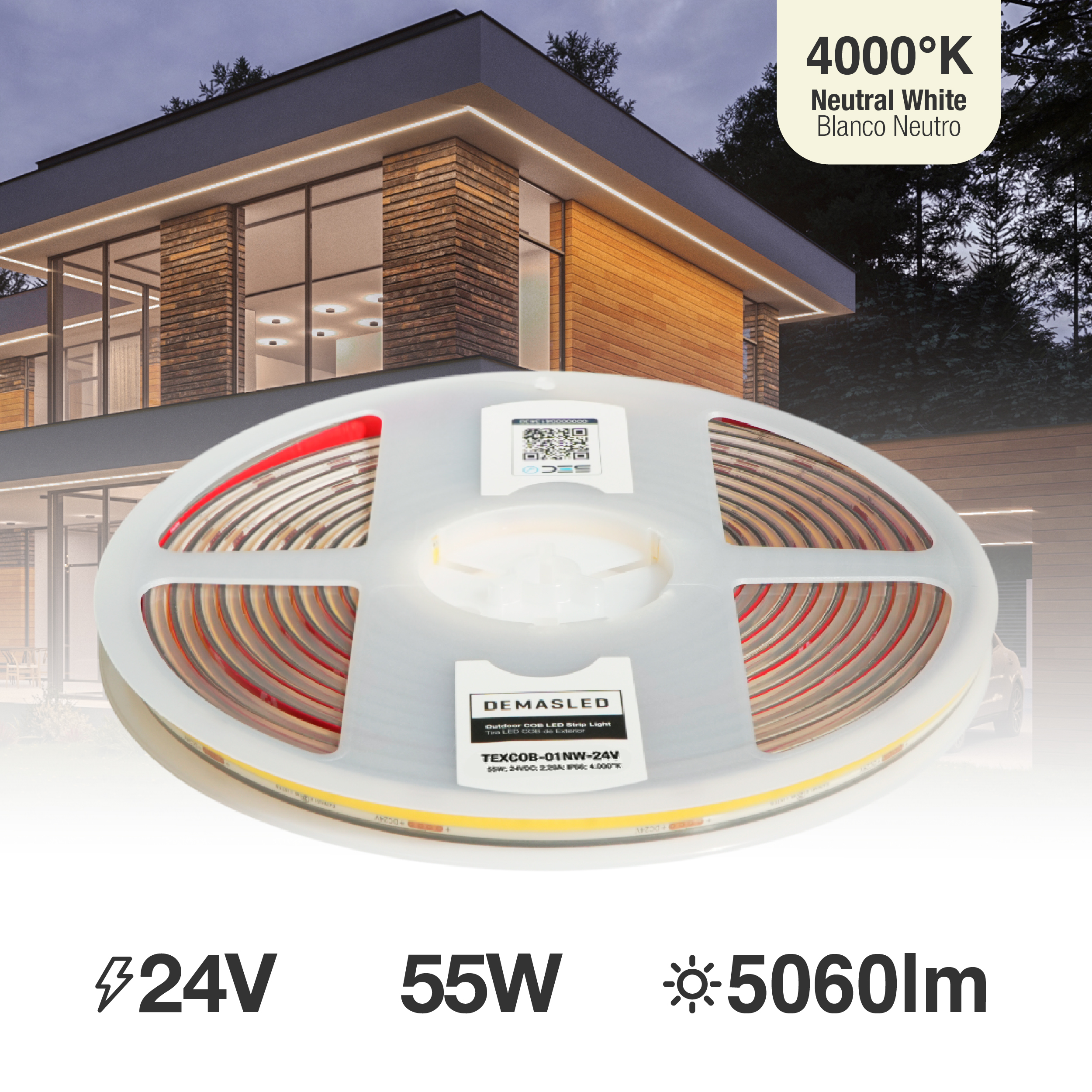 Tira LED COB 24V 11W/m Blanco Neutro 4000ºK 1012lm/m 8mm IP65, 5m