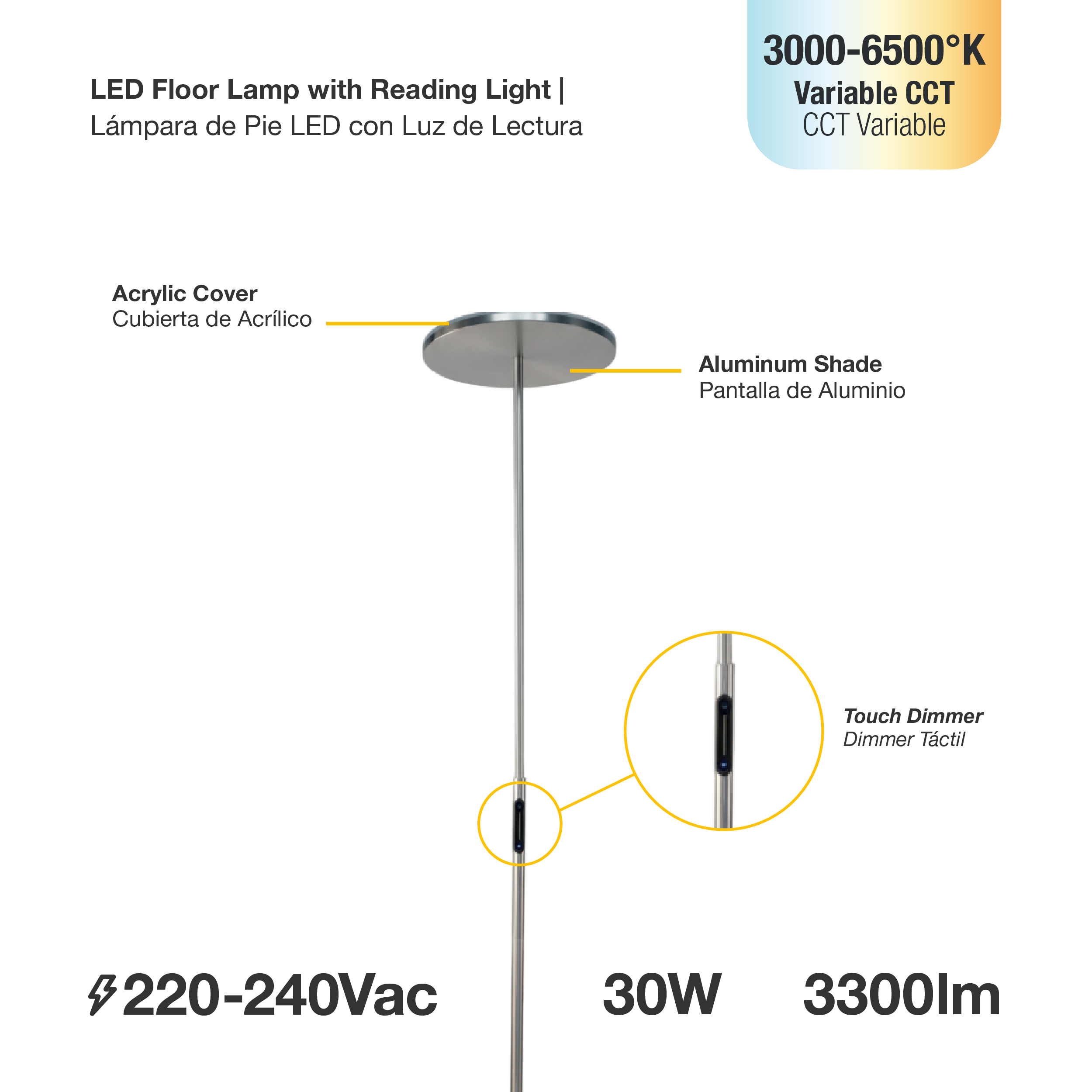 Lámpara de pie LED Dimerizable Níquel satinado Ø300x10mm 30W CCT 1800mm