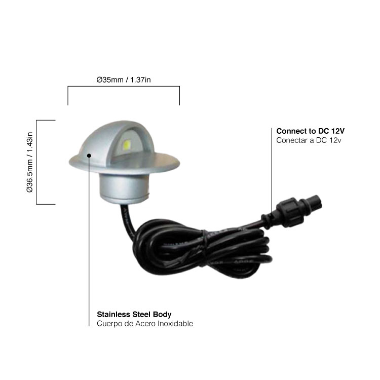 Luminaria empotrada a escalera IP65, 12V 0.4W, Blanco Frío 10lm