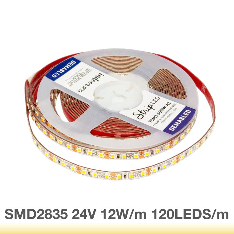 Tira LED 3.000°K SMD2835 24V 12W/m 1200lm/m 120 LEDs/m 8mm PBC 5m