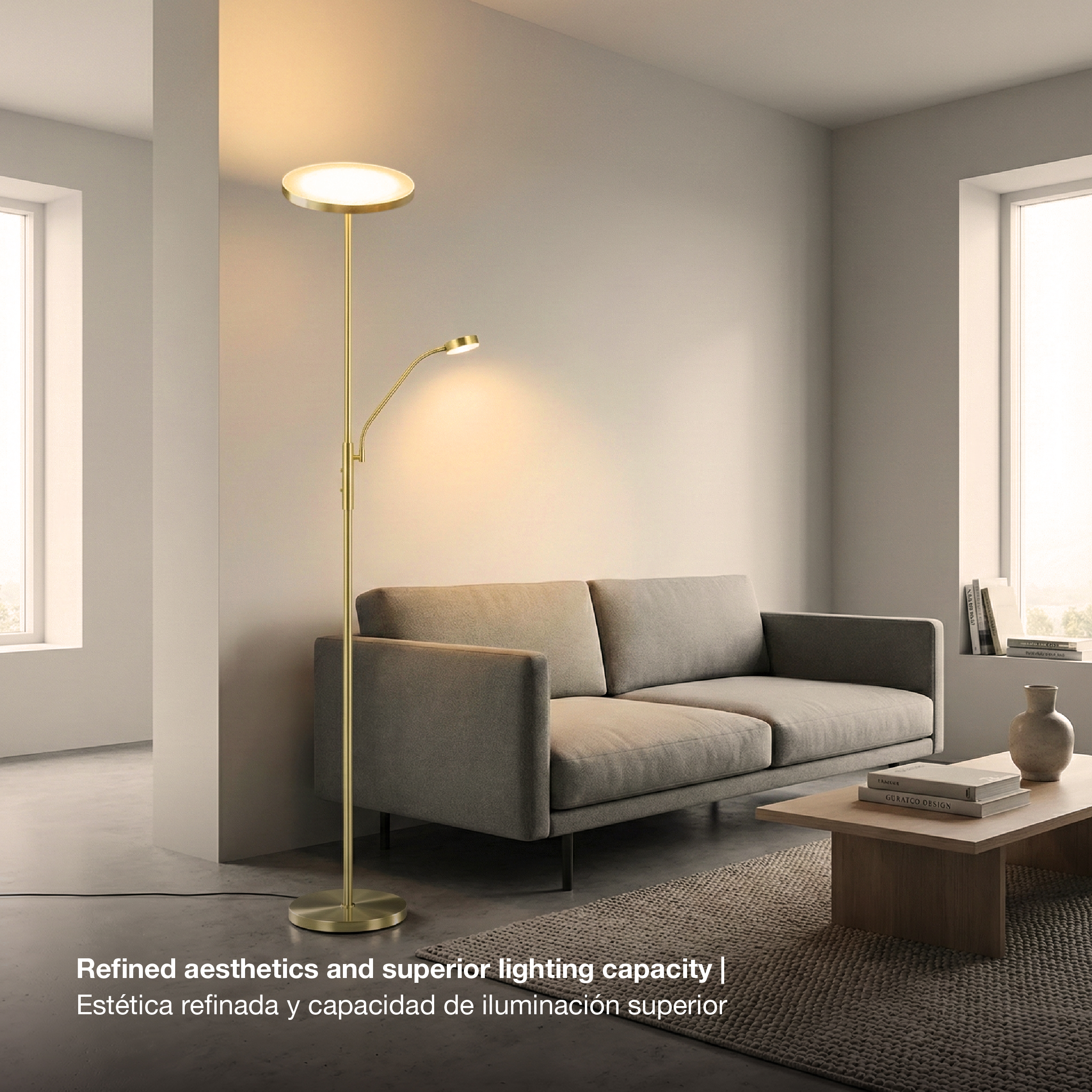 Lámpara de Pie LED con Luz de Lectura Bronce Ø250x20mm 25W Blanco Cálido 3000K 1800mm