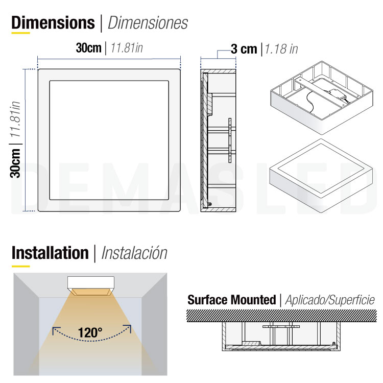 Plafón LED cuadrado de 30x30cm, 24W 1920lm blanco Cálido, aplicar