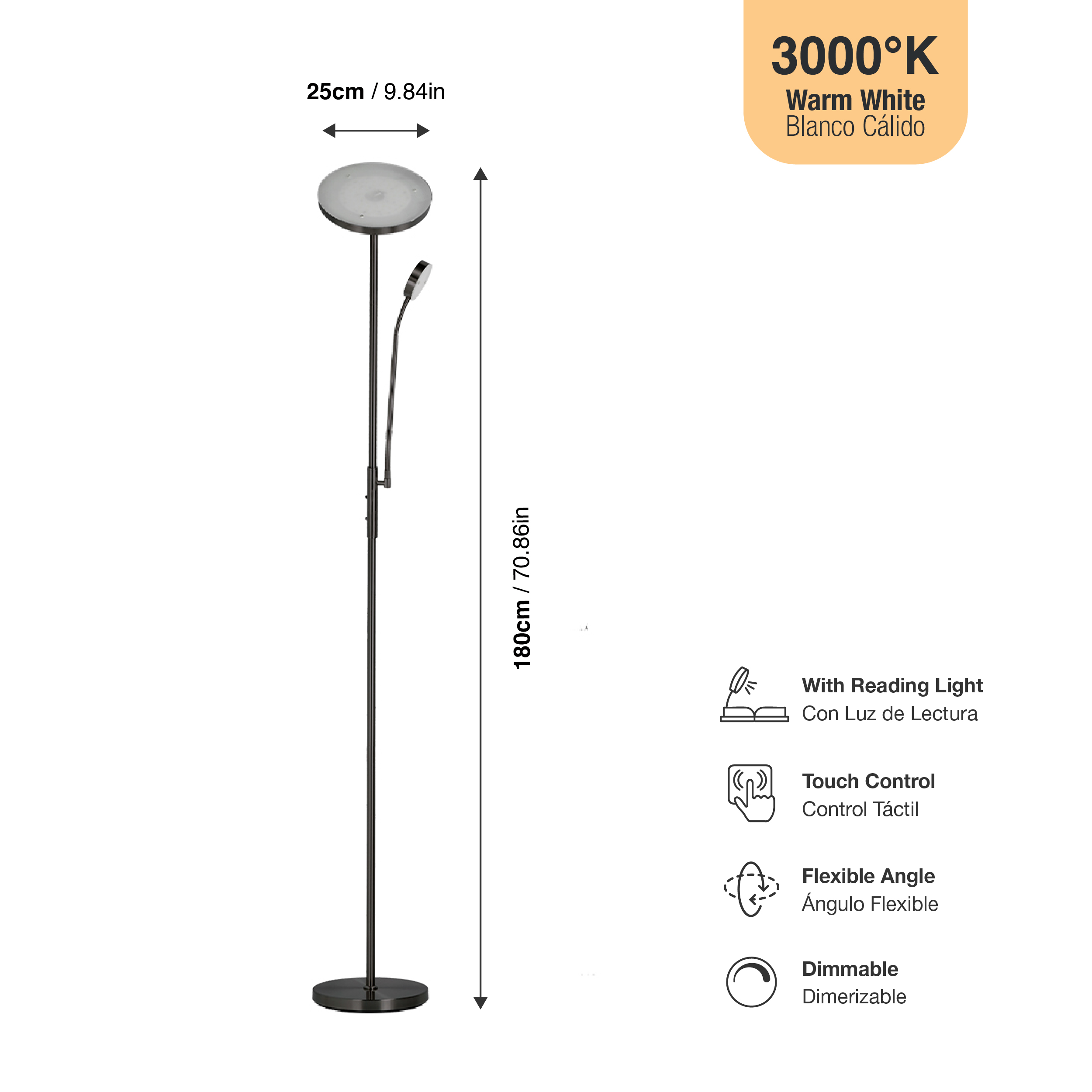 Lámpara de Pie LED con Luz de Lectura Negro Ø250x20mm 25W Blanco Cálido 3000K 1800mm