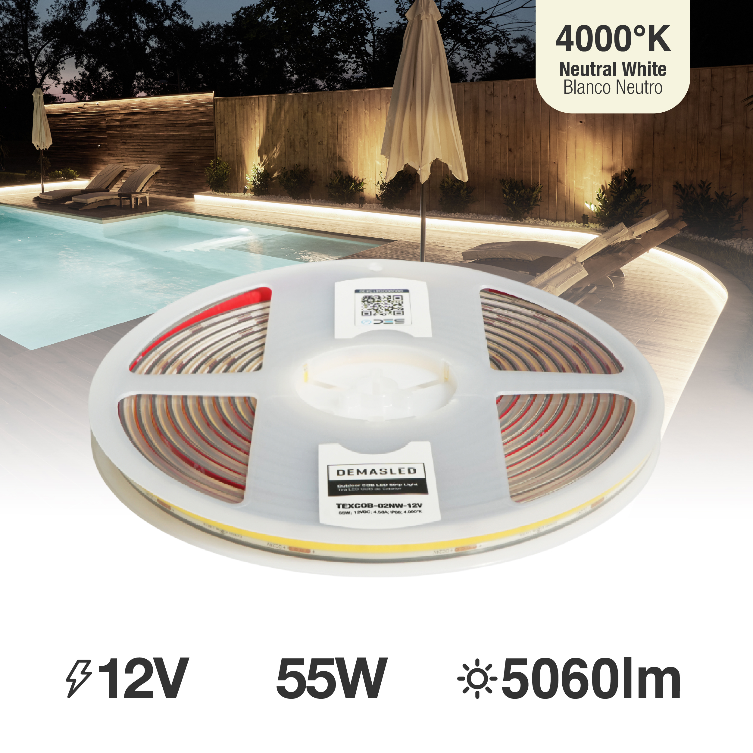 Tira LED COB 12V 11W/m Blanco Neutro 4000ºK 1012lm/m 10mm IP68, 5m