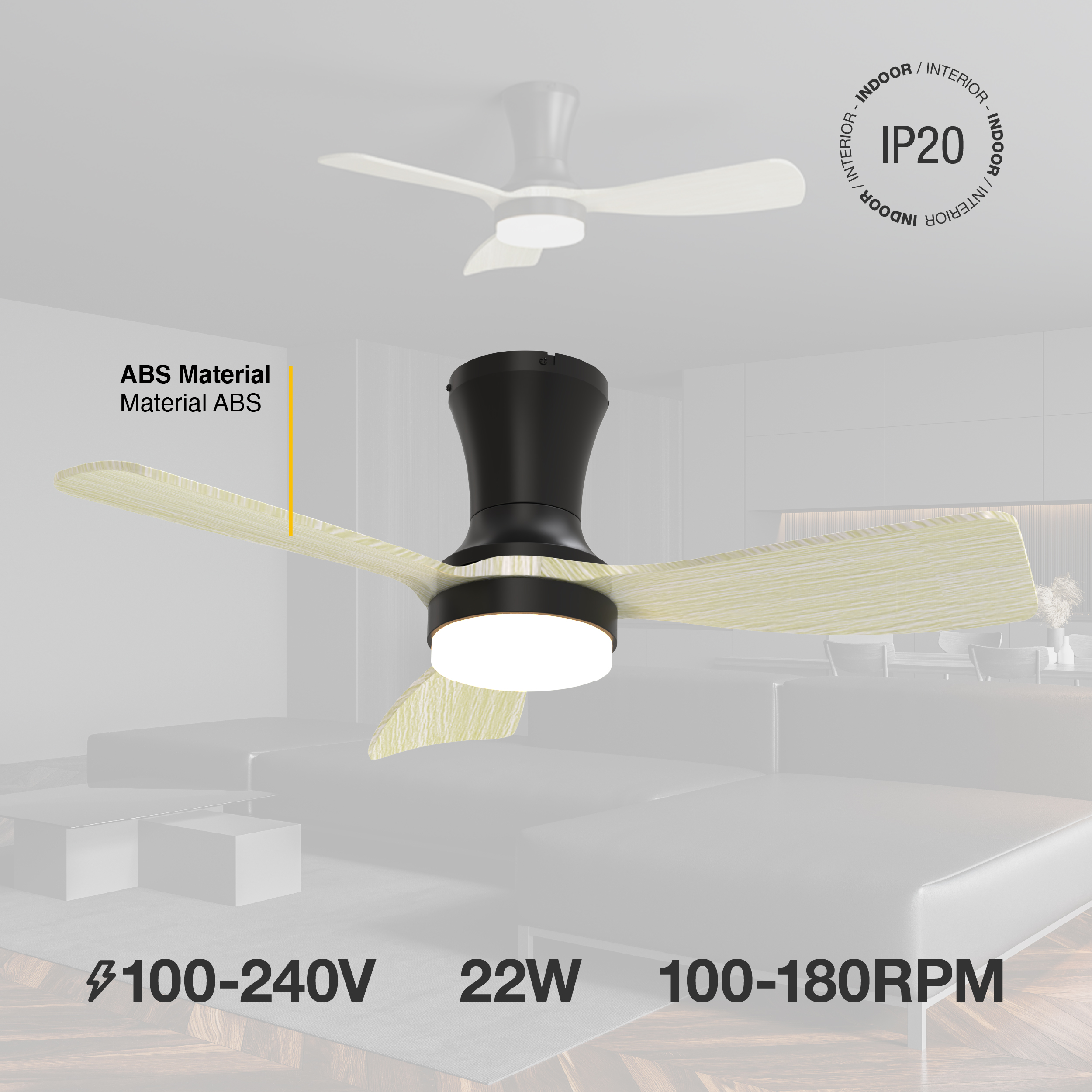 Ventilador de Techo con Luz LED CCT 920x265mm Madera Clara 22W con Control Remoto AC100-240V 