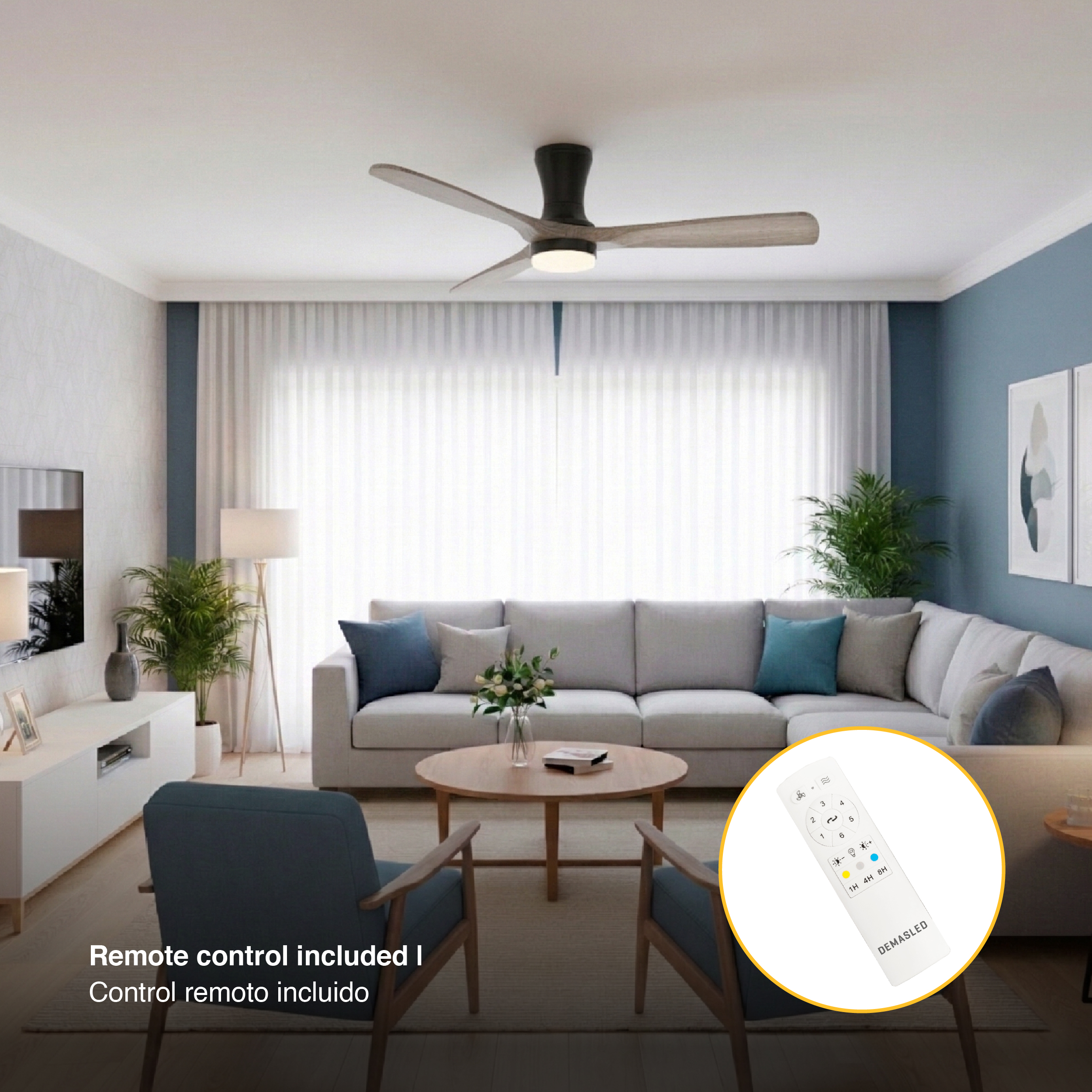 Ventilador Smart de Techo con Luz LED CCT 1300x300mm Madera Oscura 22W con Control Remoto Bluetooth 