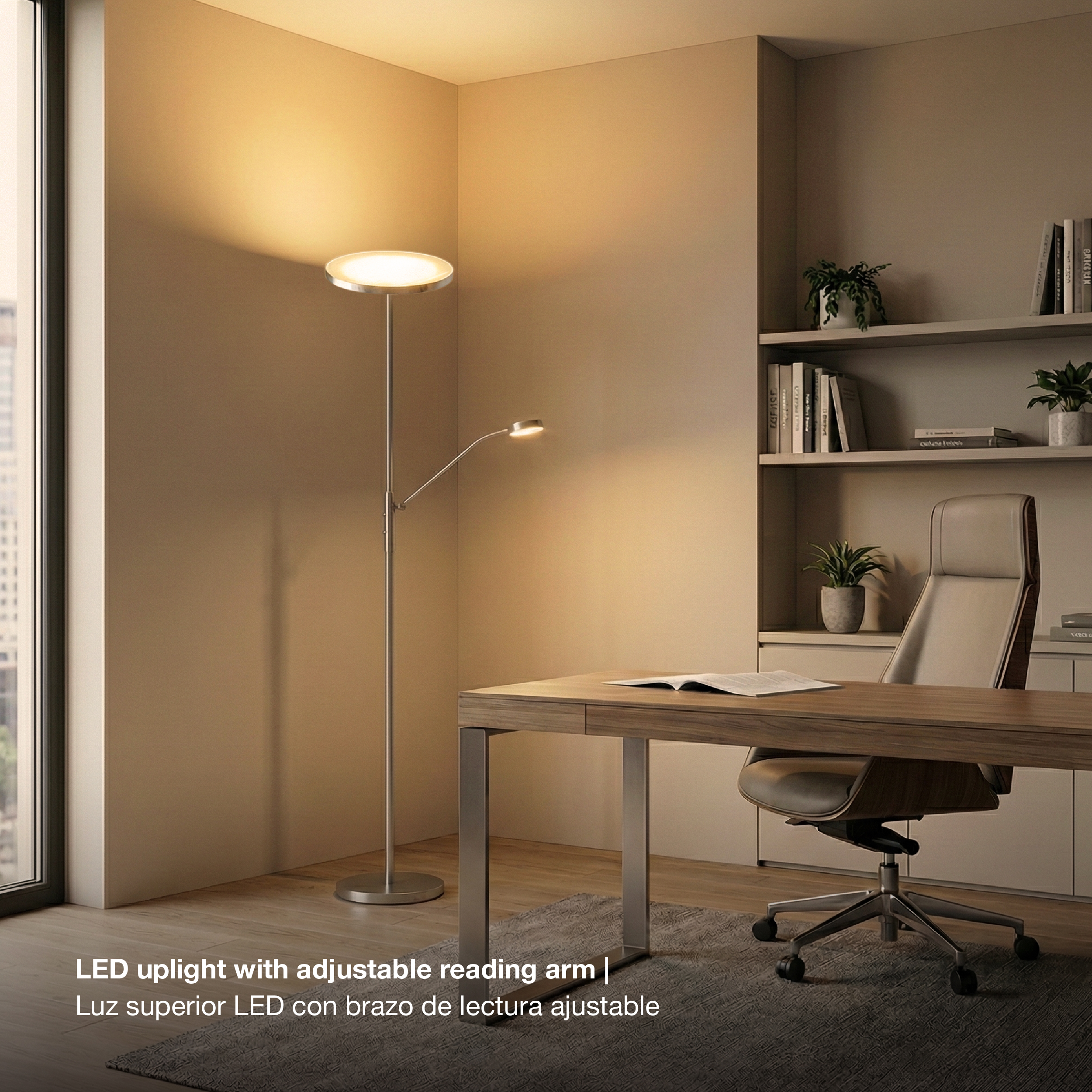 Lámpara de Pie LED con Luz de Lectura Níquel satinado Ø250x20mm 25W Blanco Cálido 3000K 1800mm
