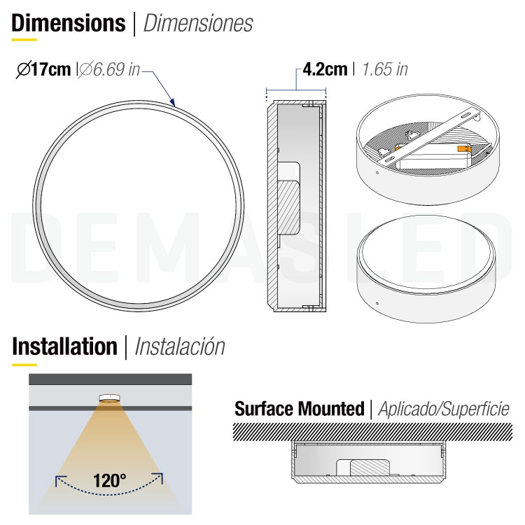 Plafón LED redondo FRAMELESS de 17cm 22W 1870lm Cálido de aplicar