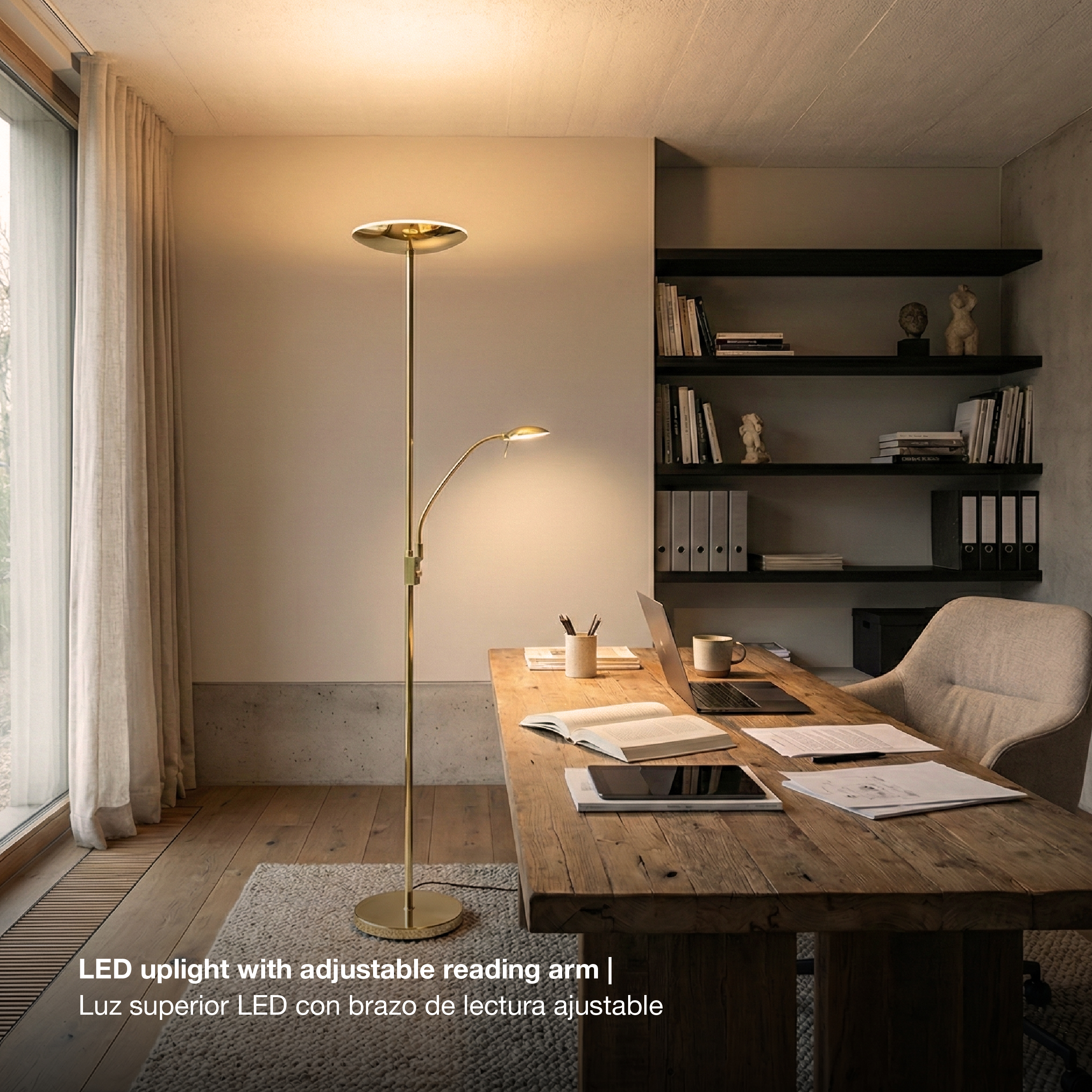 Lámpara de Pie LED con Luz de Lectura Dimerizable Bronce Ø290x30mm 25W Blanco Cálido 3000K 1800mm