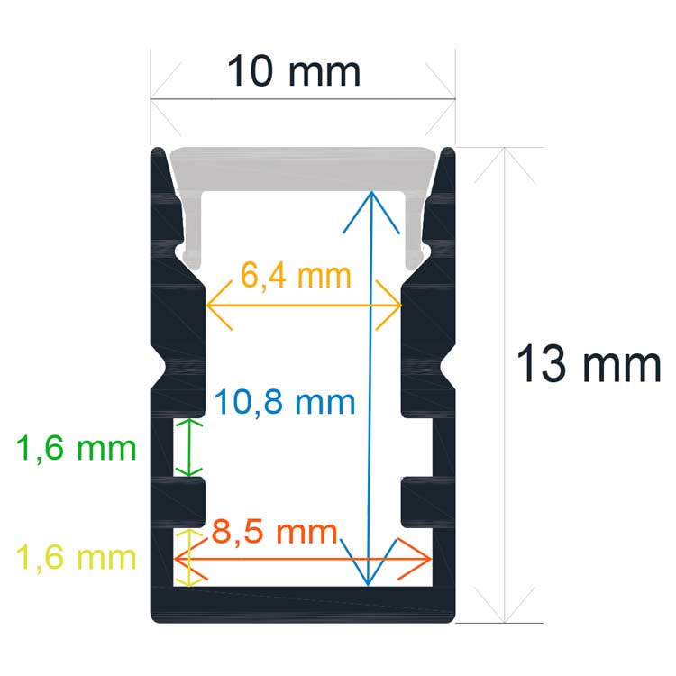 Perfil Fino 10 mm x 13 mm de aluminio anodizado de superficie 2m