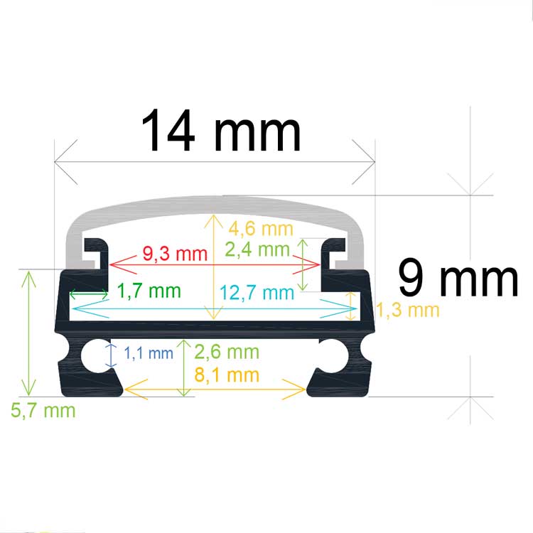 Perfil Fino 14x9mm de aluminio anodizado de superficie 2m