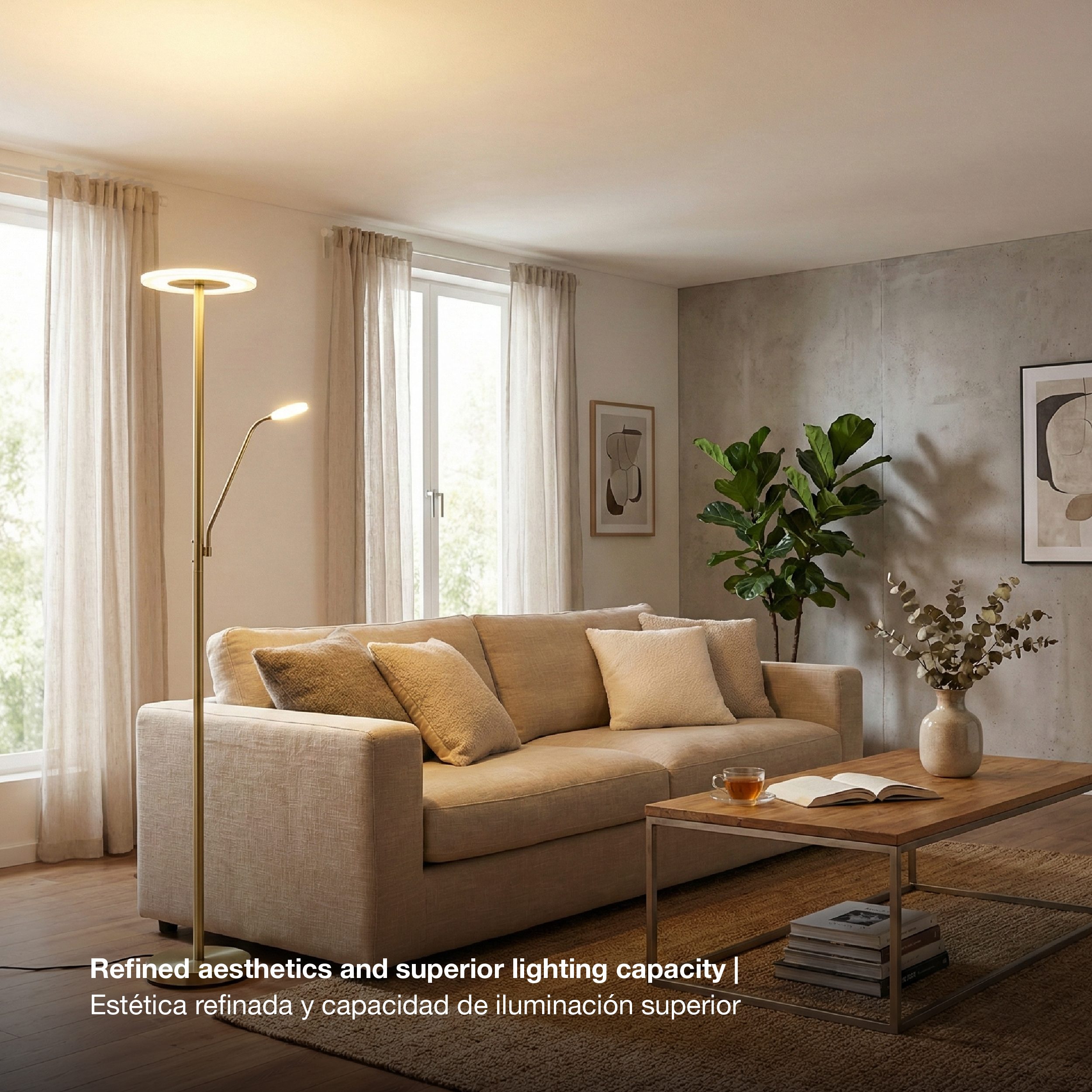 Lámpara de Pie LED con Luz de Lectura Dimerizable Bronce Ø300x16mm 28W CCT 1800mm