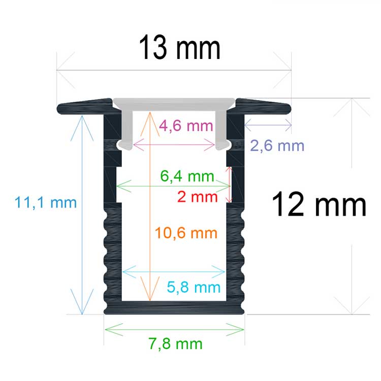 Perfil Fino con alas 13mmx12mm aluminio anodizado para empotrar 2m