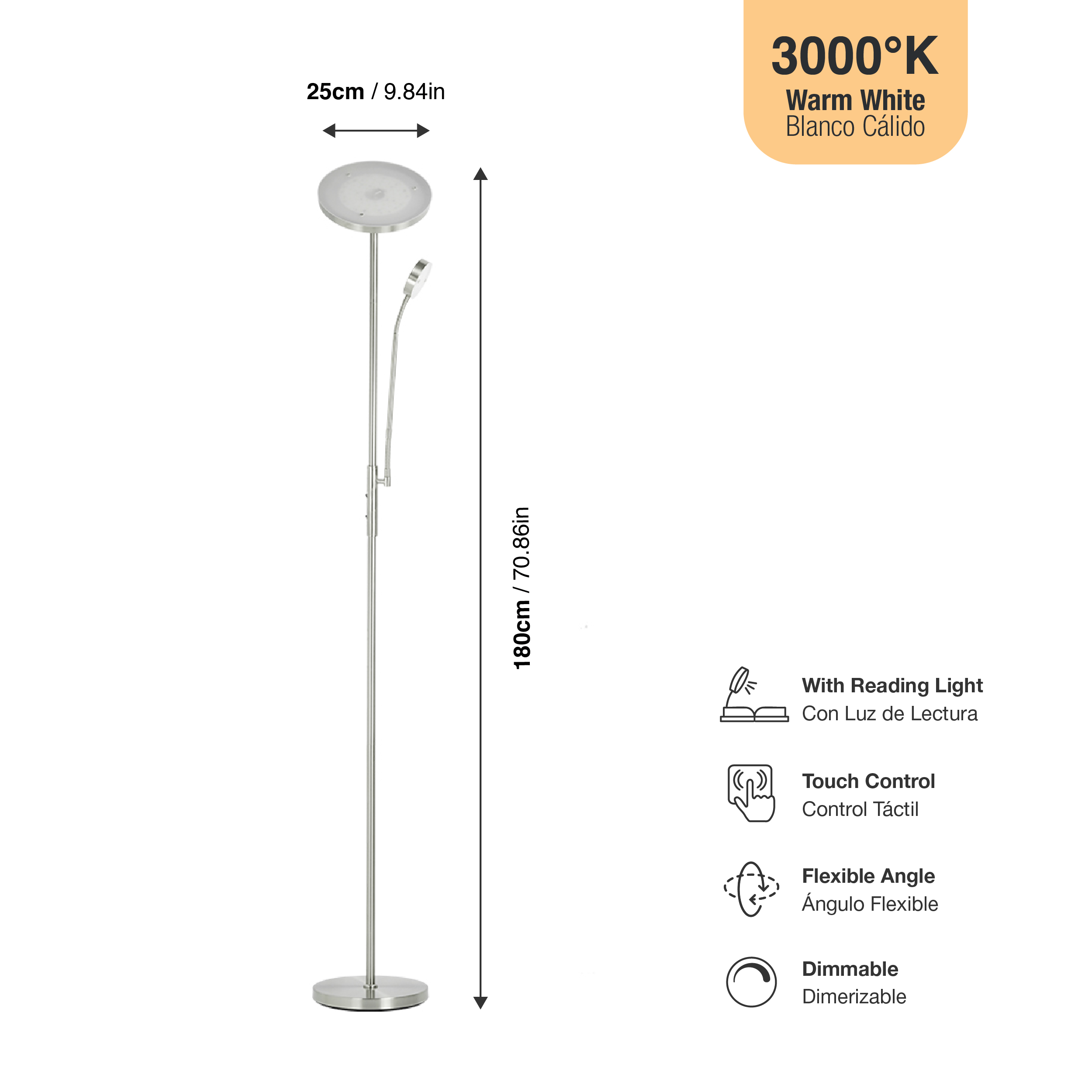 Lámpara de Pie LED con Luz de Lectura Níquel satinado Ø250x20mm 25W Blanco Cálido 3000K 1800mm