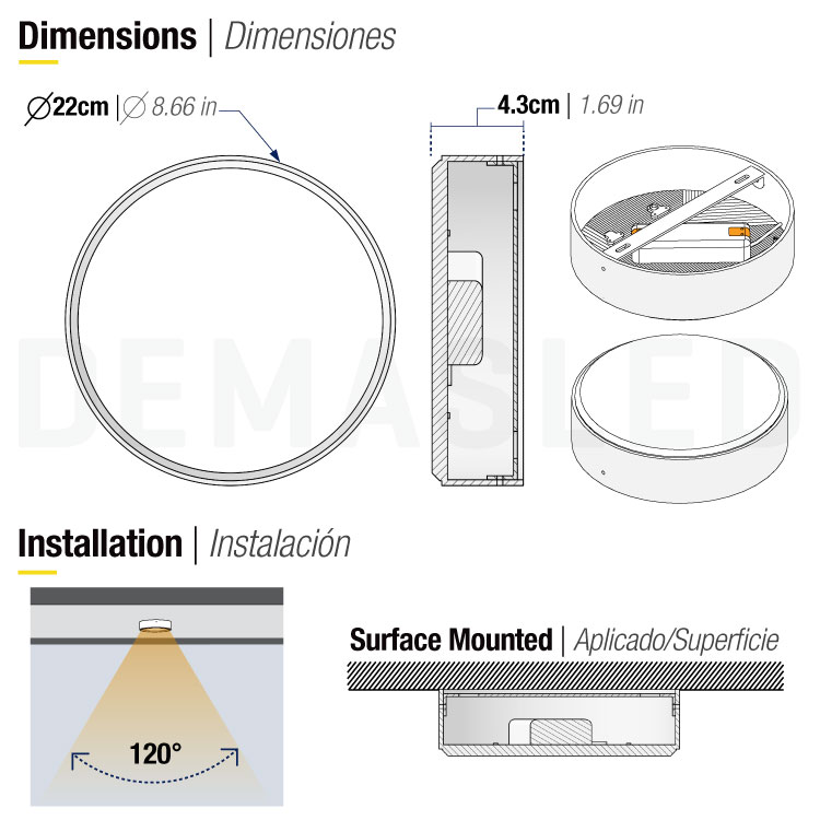 Plafón LED redondo FRAMELESS de 22cm, 42W 3570lm Cálido, de aplicar