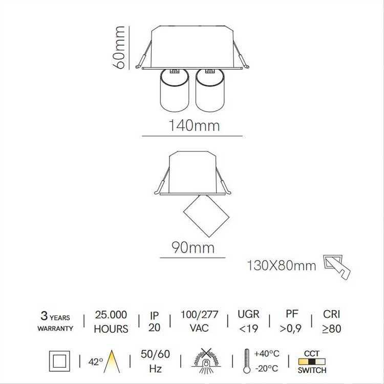 Foco doble 12W Mini-Oxo-Square CCT semiempotrable