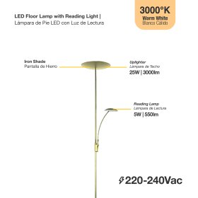 Lámpara de Pie LED con Luz de Lectura Dimerizable Bronce Ø290x30mm 25W Blanco Cálido 3000K 1800mm