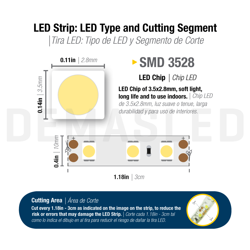 Tira LED SMD3528 IP68, 12V 9.6W/m, Frío 800 lm/m, 120 LED/m, 5m