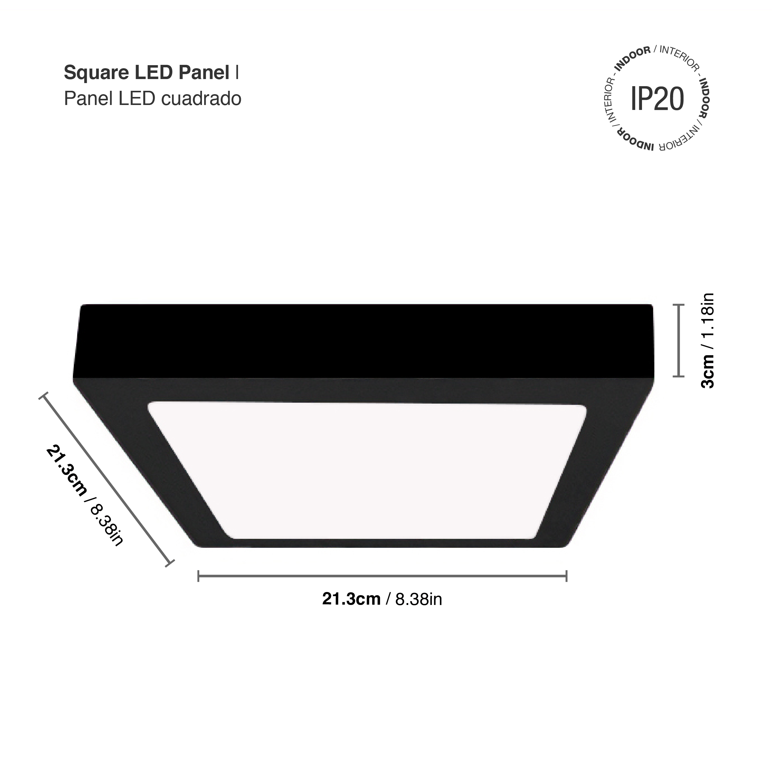 Plafón cuadrado de superficie Negro 18W 21,3x21,3cm Blanco cálido 3000°K