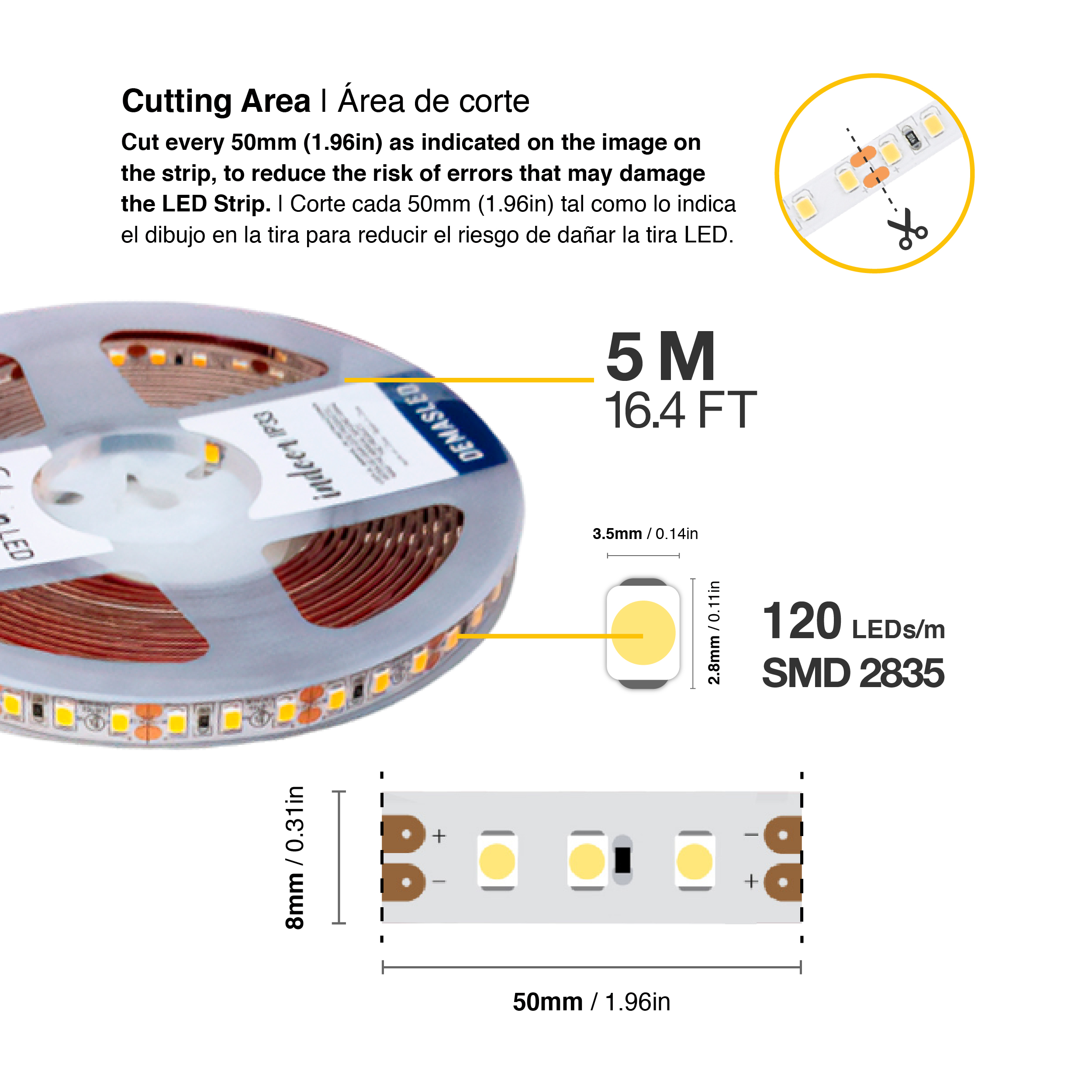 Tira LED 4.000°K SMD2835 24V 12W/m 1200lm/m 120 LEDs/m 8mm PBC 5m