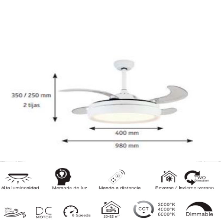 Ventilador 43W Blanco CCT 98cm Mini Niz