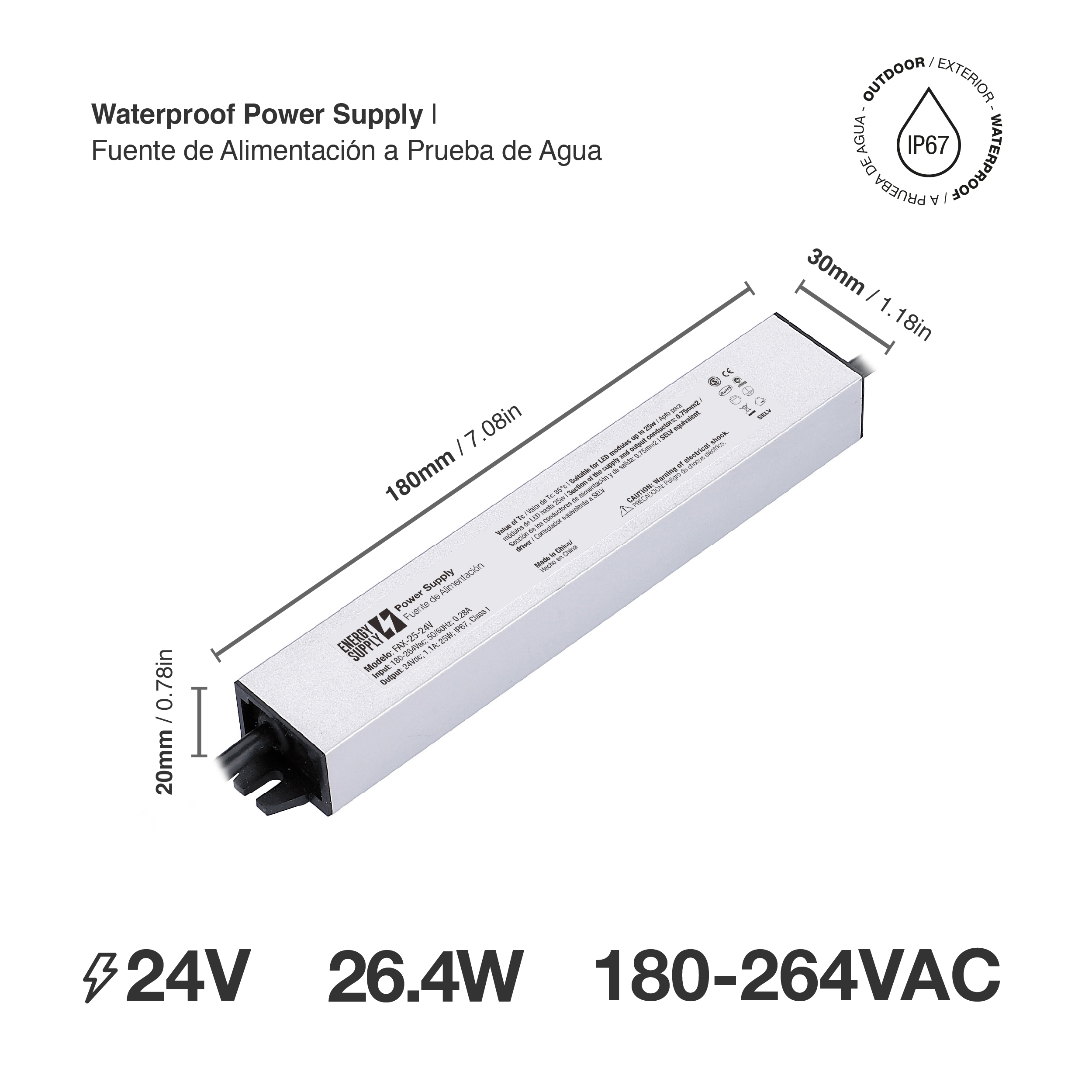 Fuente Switching 24V 1,1A 26,4W 180-264VAC Exterior IP67