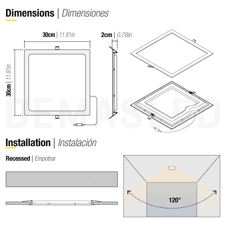 Panel LED cuadrado blanco de 30x30cm 24W 1920lm Neutro, empotrar
