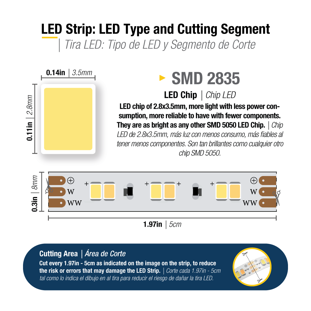 Tira LED SMD2835, 12V 8W/m Mix Frío-Cálido 880lm/m 120 LED/m, 5m