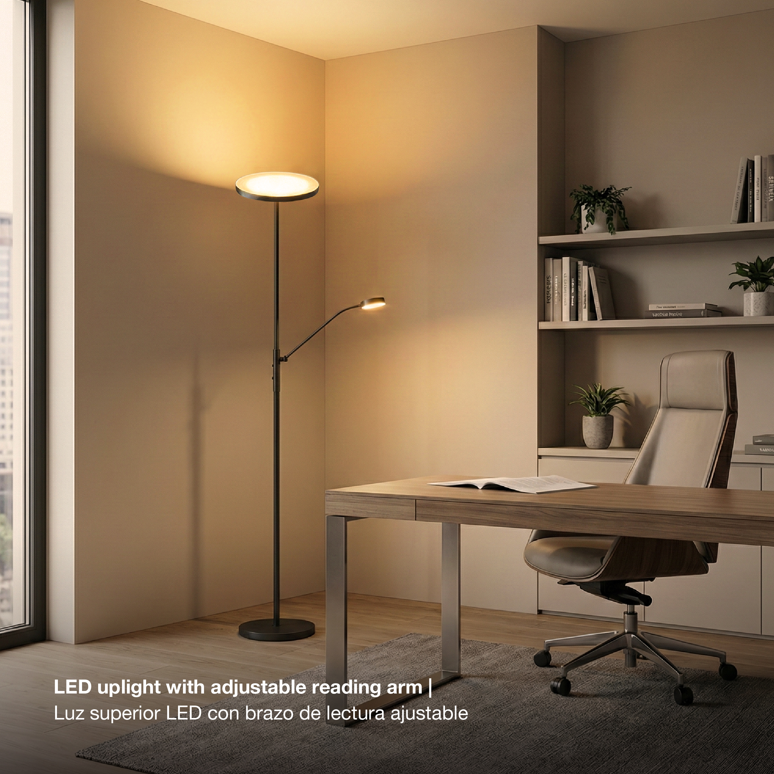 Lámpara de Pie LED con Luz de Lectura Negro Ø250x20mm 25W Blanco Cálido 3000K 1800mm