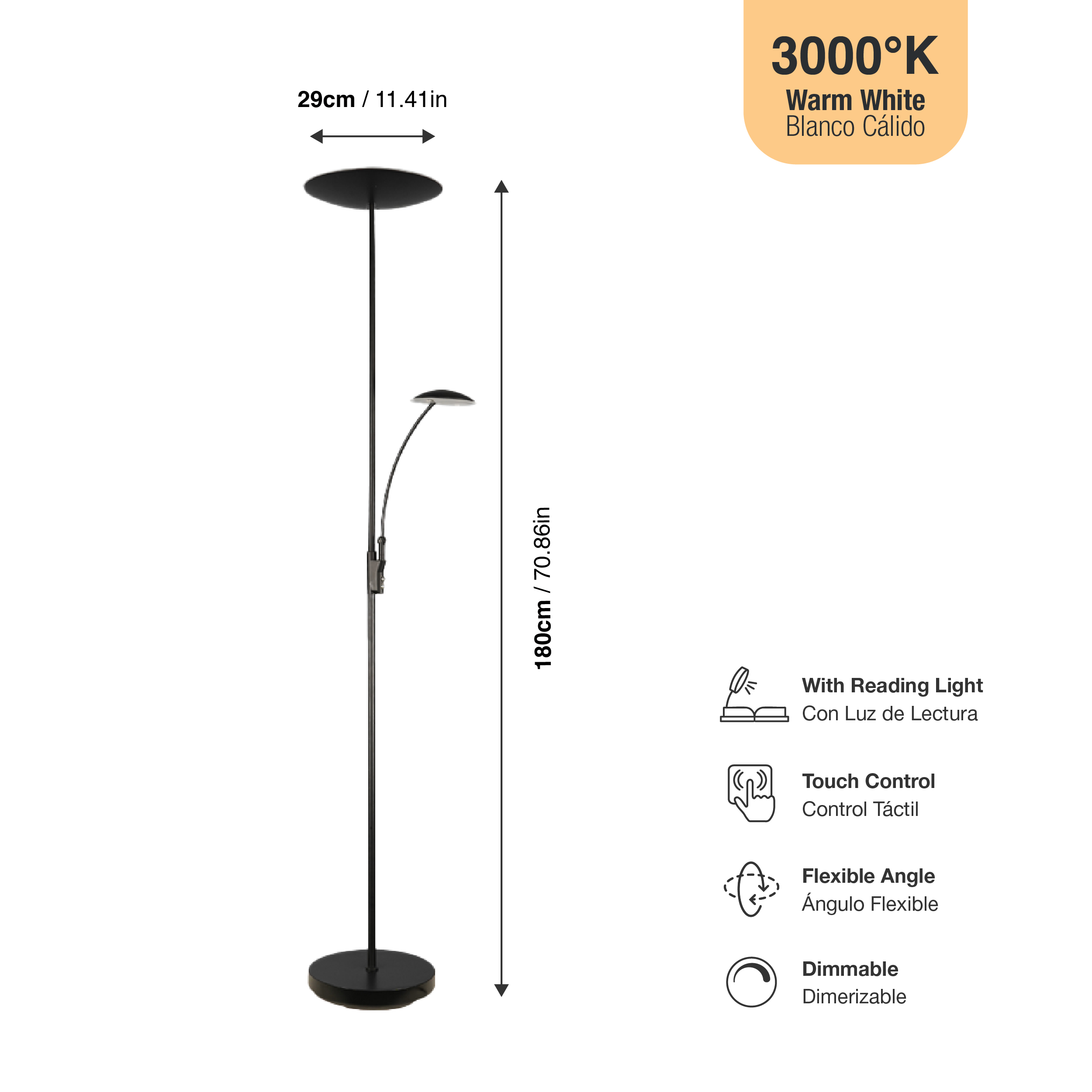 Lámpara de Pie LED con Luz de Lectura Dimerizable Negro Ø290x30mm 25W Blanco Cálido 3000K 1800mm