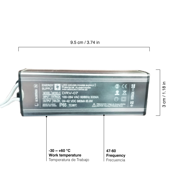 Driver, DC 24-42V 8-12 LEDs x 3W 580mA, Entrada: AC 100-265V