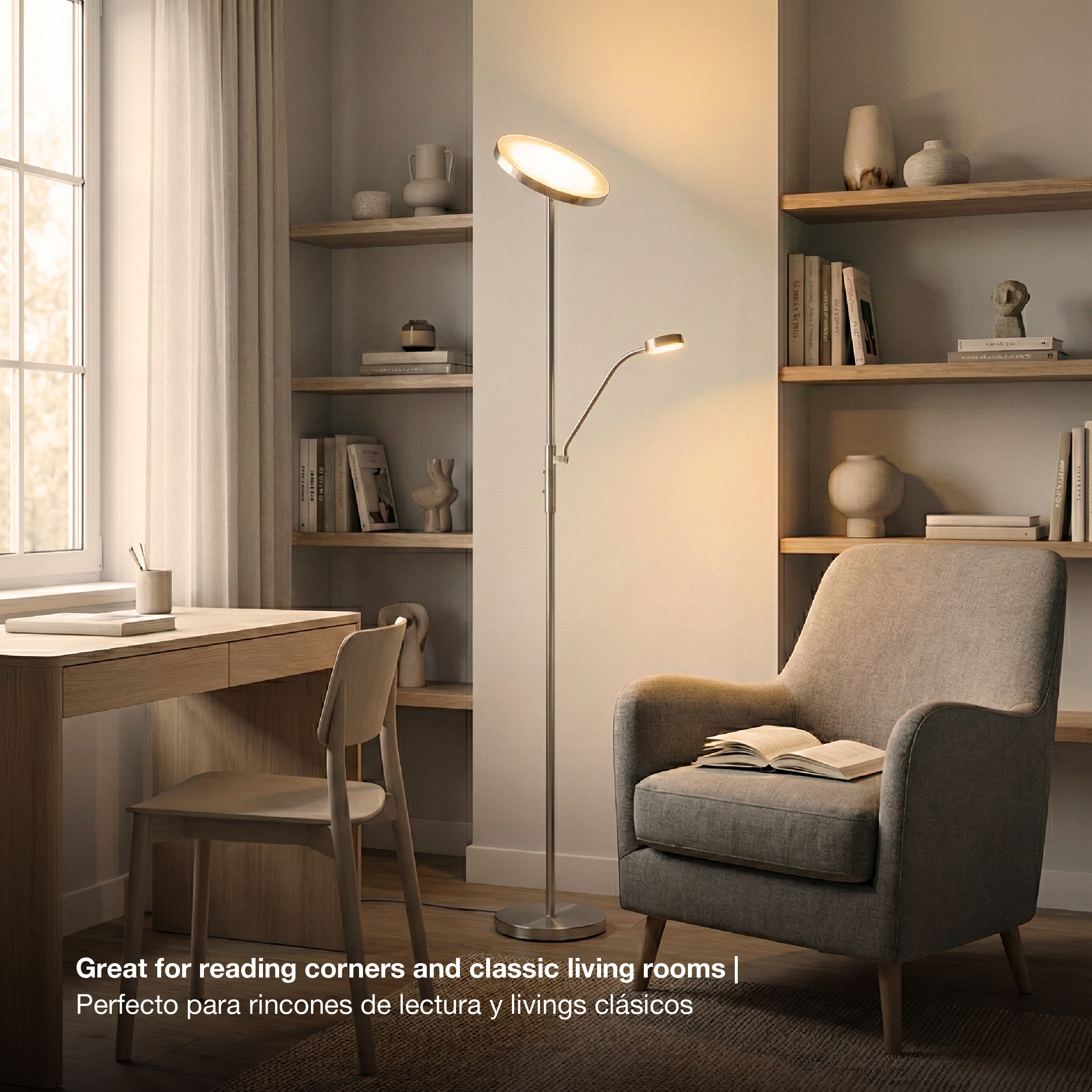 Lámpara de Pie LED con Luz de Lectura Níquel satinado Ø250x20mm 25W Blanco Cálido 3000K 1800mm