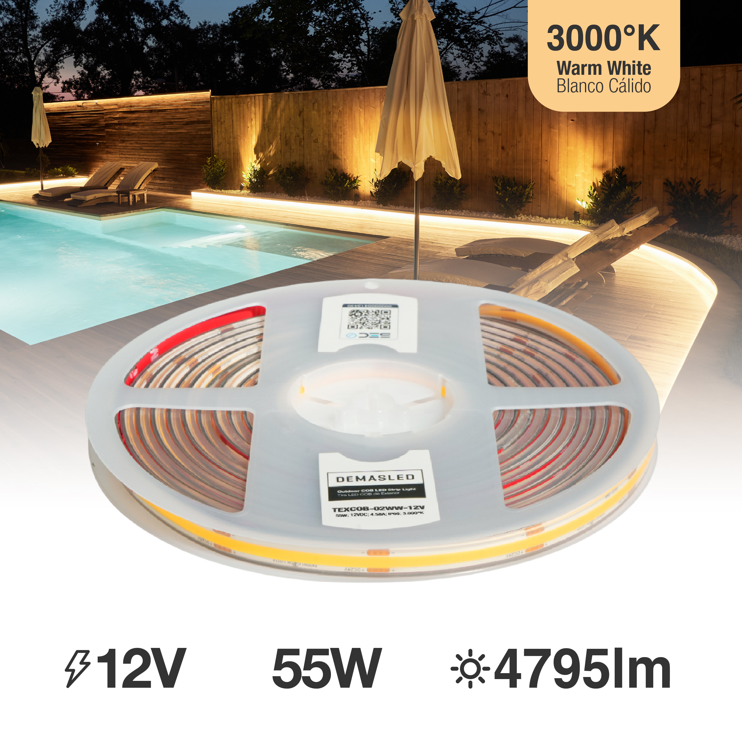 Tira LED COB 12V 11W/m Blanco Cálido 3000°K 959lm/m 10mm IP68, 5m