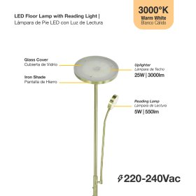 Lámpara de Pie LED con Luz de Lectura Bronce Ø250x20mm 25W Blanco Cálido 3000K 1800mm