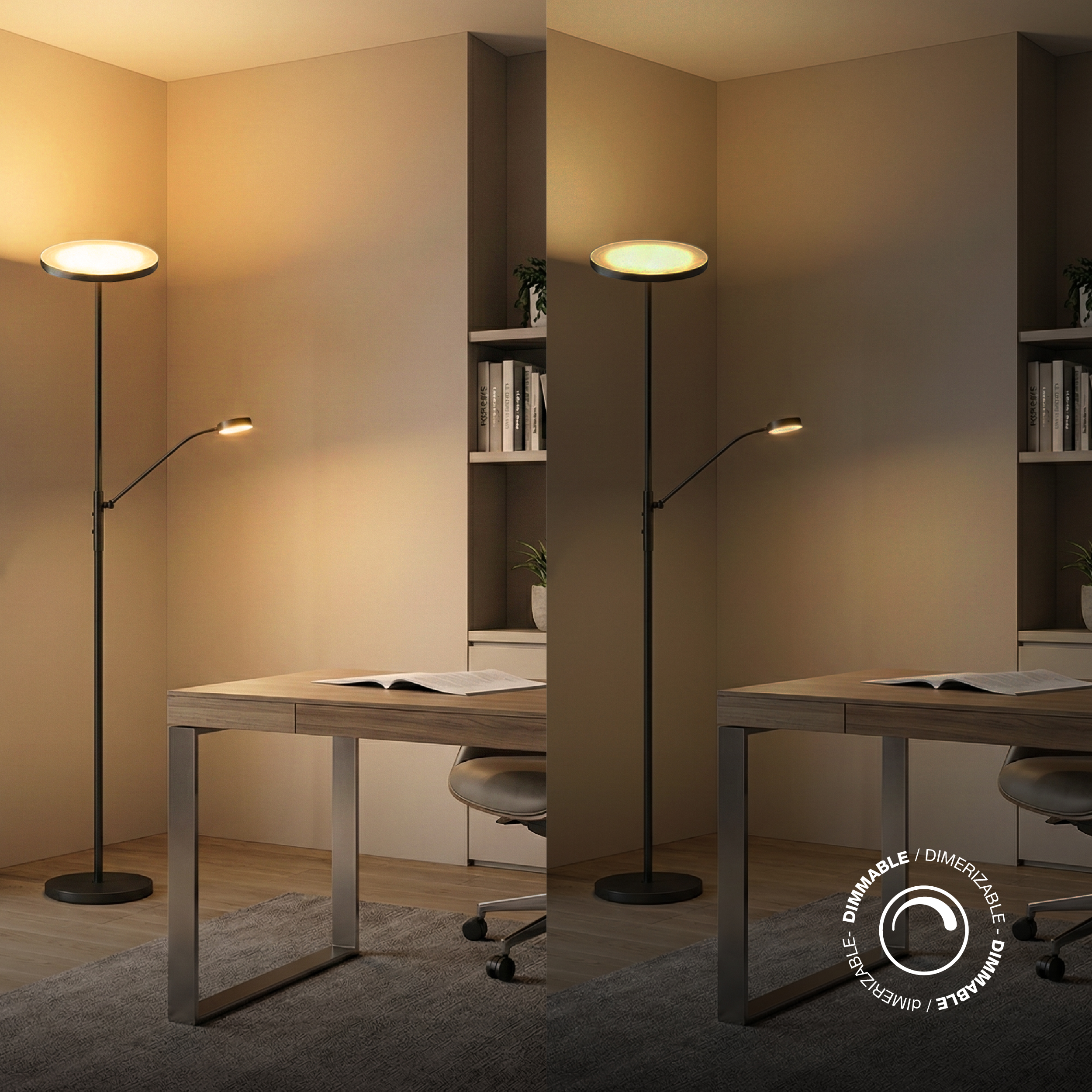 Lámpara de Pie LED con Luz de Lectura Negro Ø250x20mm 25W Blanco Cálido 3000K 1800mm