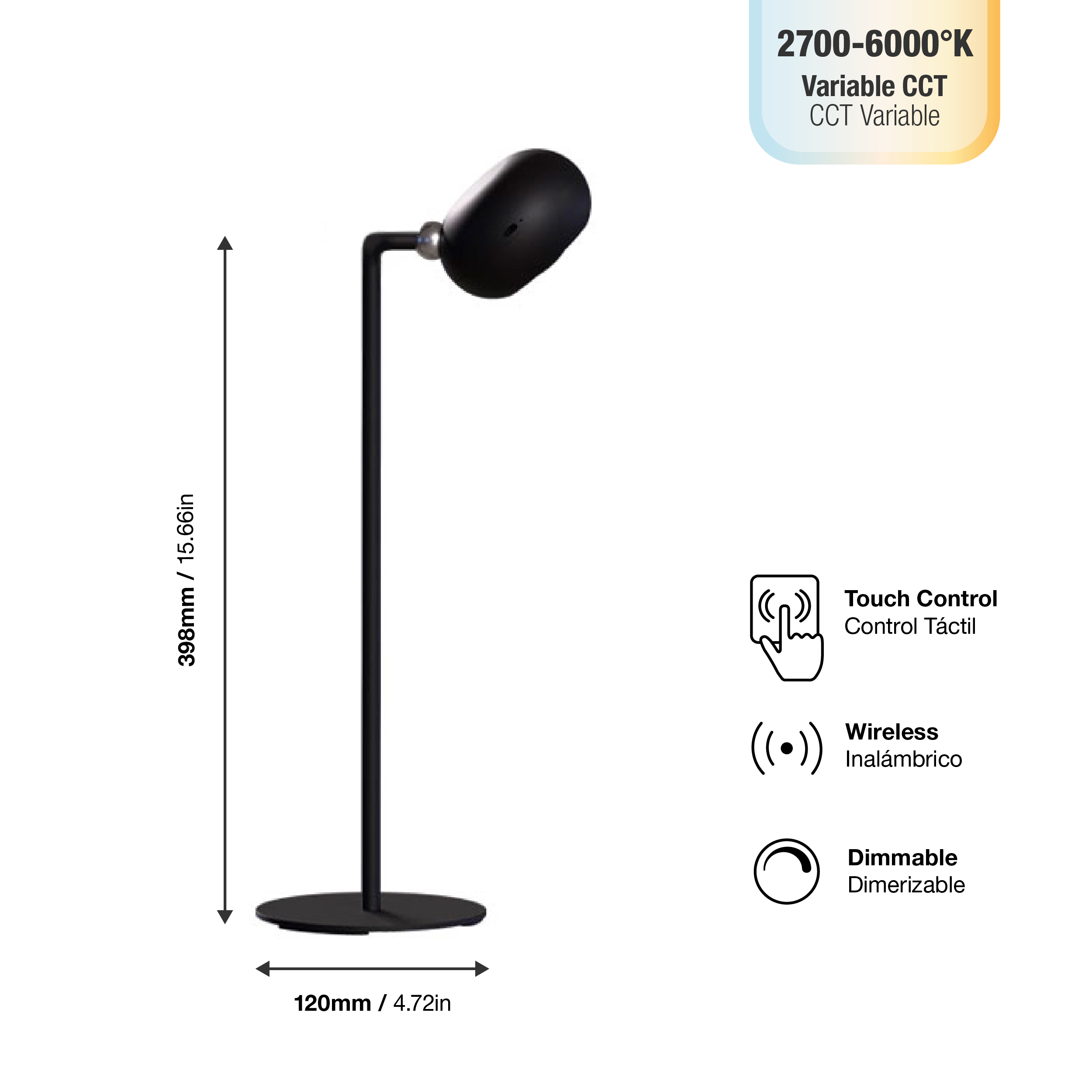 Lámpara de Mesa LED Magnética Negro 3W Mix Recargable 1800mAh