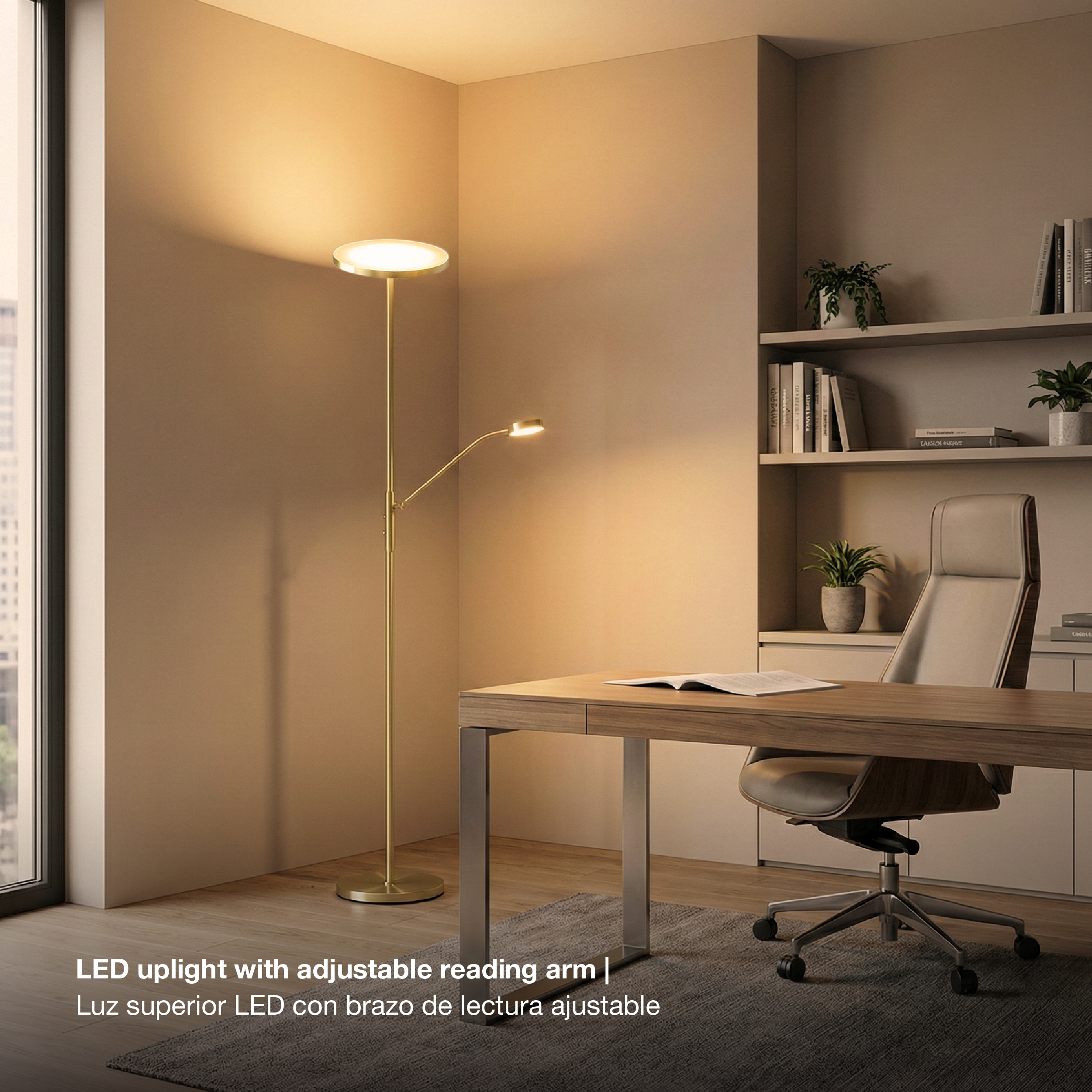 Lámpara de Pie LED con Luz de Lectura Bronce Ø250x20mm 25W Blanco Cálido 3000K 1800mm