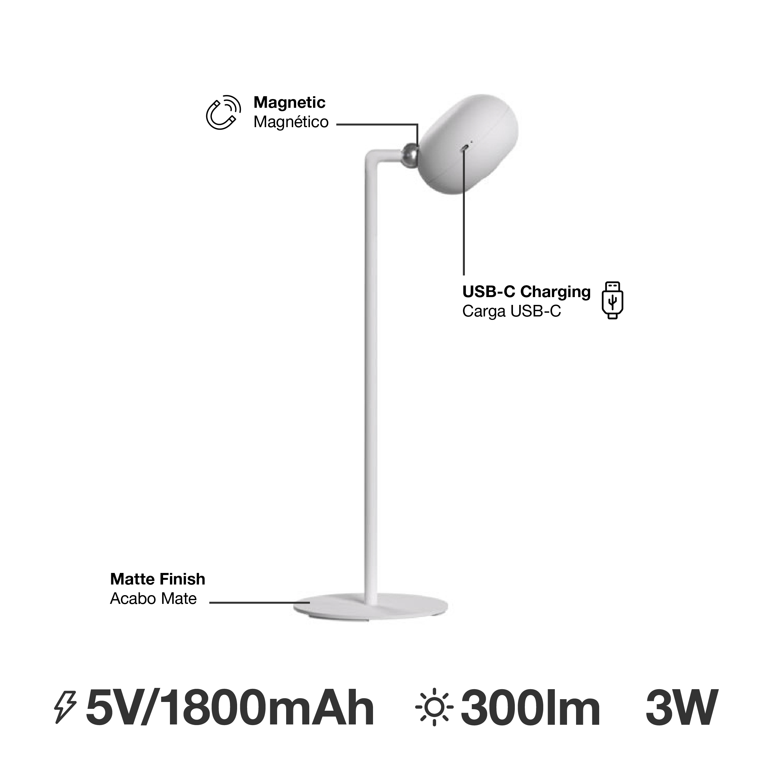 Lámpara de Mesa LED Magnética Blanco 3W Mix Recargable 1800mAh