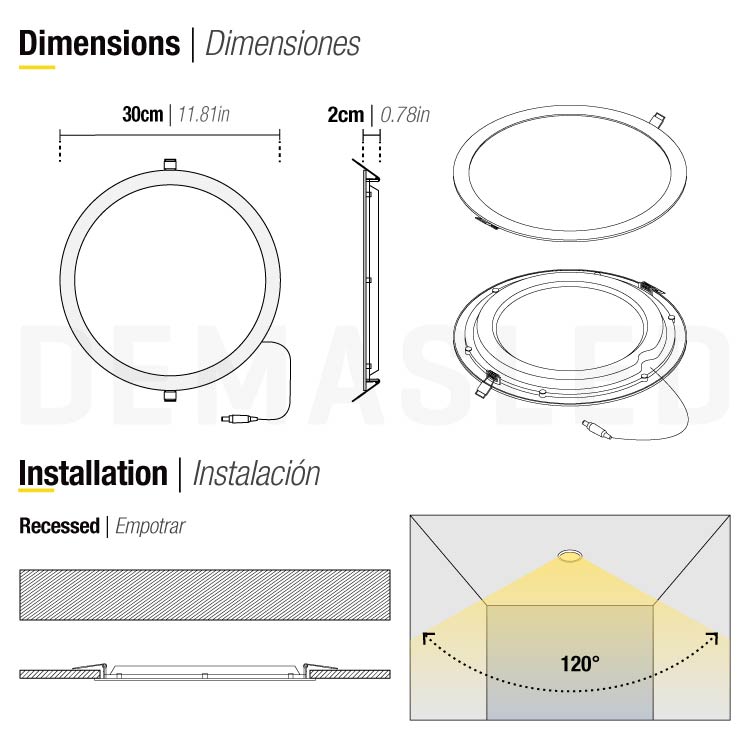 Panel LED Redondo Blanco de 30cm, 24W 1920lm Cálido, de empotrar