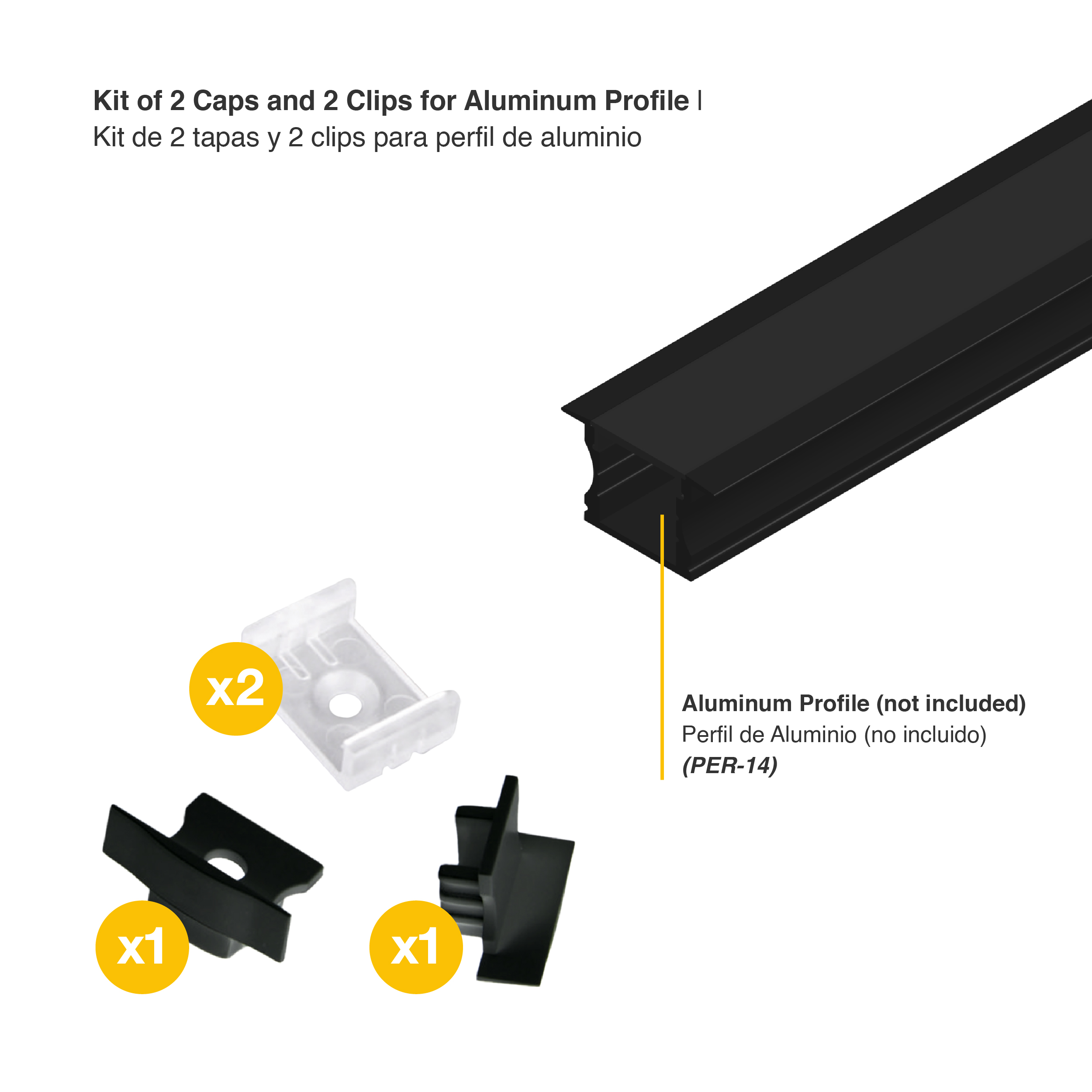 Kit de 2 tapas y 2 clips para perfil de aluminio, PER-14-2m. NEGRO