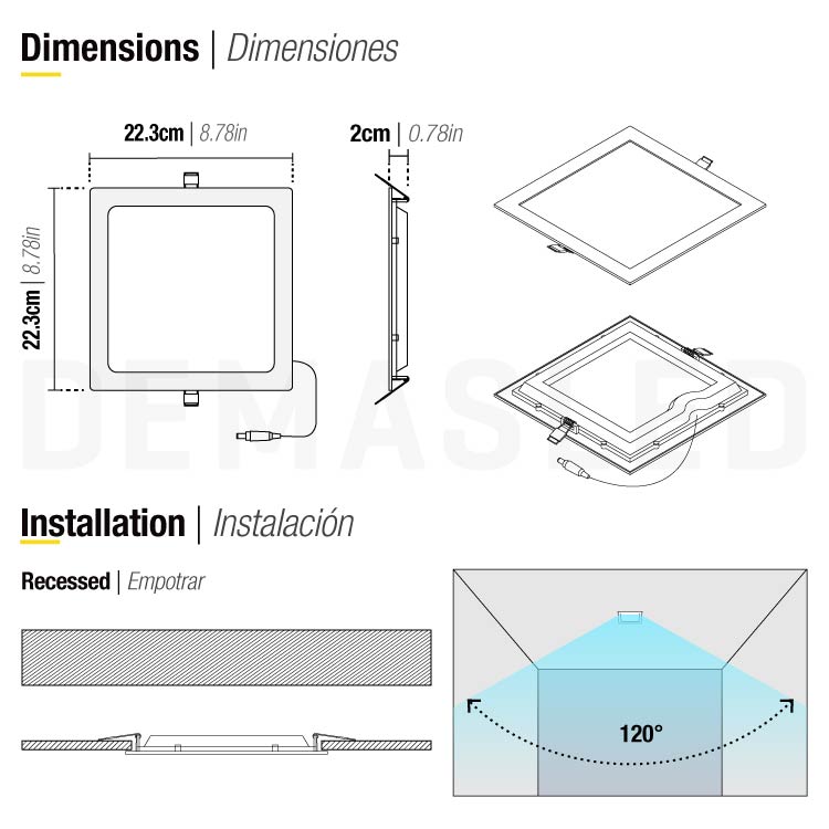Panel LED cuadrado blanco, 22.3x22.3cm 18W 1440lm Frío, empotrar