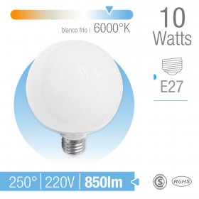 Bombilla LED E27 Globo 10W Blanco Frío 6500°K 806lm