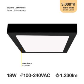Plafón cuadrado de superficie Negro 18W 21,3x21,3cm Blanco cálido 3000°K